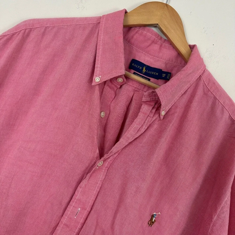 Ralph Lauren Chambray Oxford Shirt Pink Logo Short Sleeve Button Down Mens 3XB